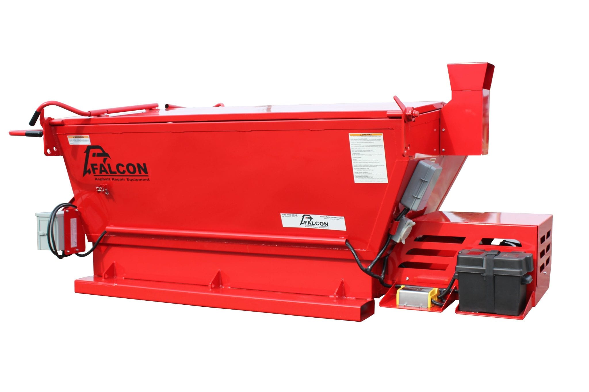 A red Falcon slip-in hot box is about to be loaded onto a truck's bed.